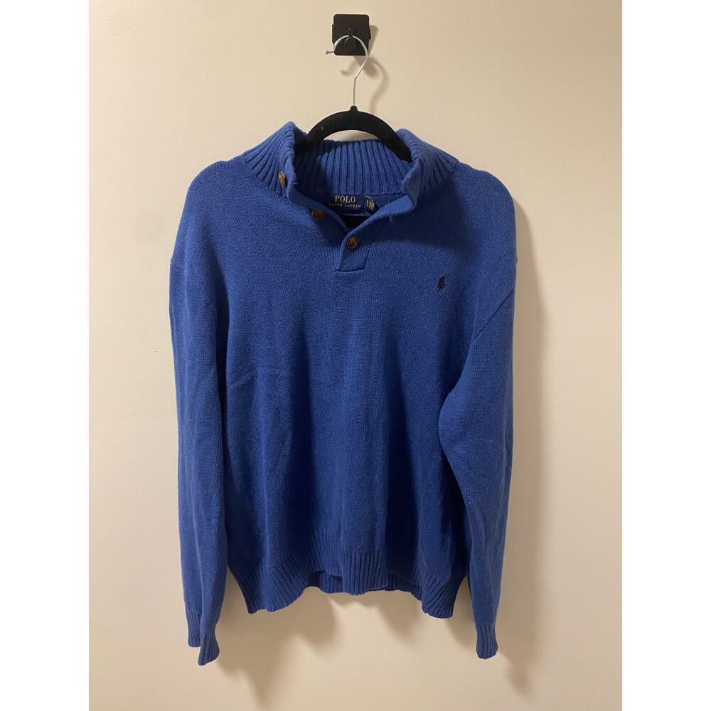 Polo Ralph Lauren Blue Knit Quarter Zip Button Detail Sweater Pullover-Size XL